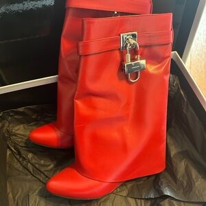 Givenchy Red Heeled Boots with Lock Detail